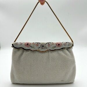 Josef Vintage White Beaded Clutch with Floral Beaded Accents